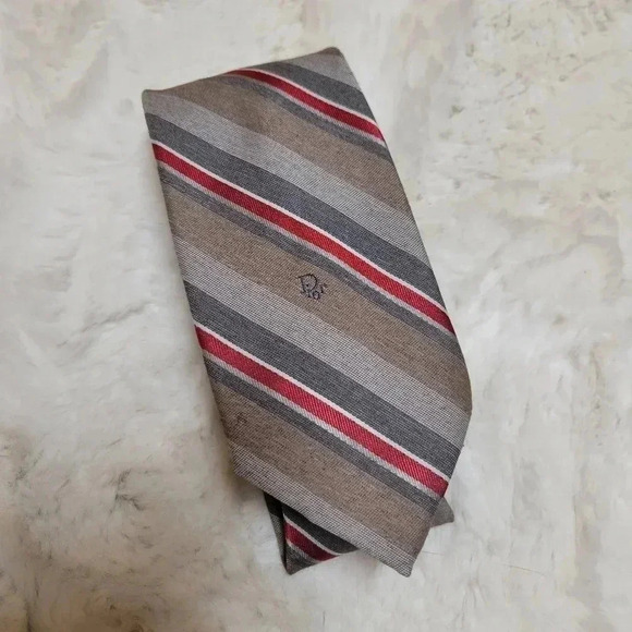 Vintage Christian Dior Gray Striped Polyester Silk Neck Tie - Picture 1 of 6